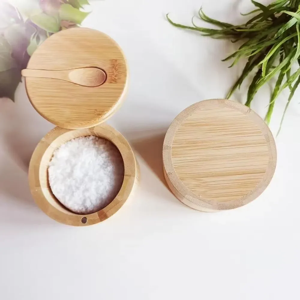 Farmhouse Wooden Salt Cellar with Swivel Lid Spoon Round Spice Box Kitchen Jar
